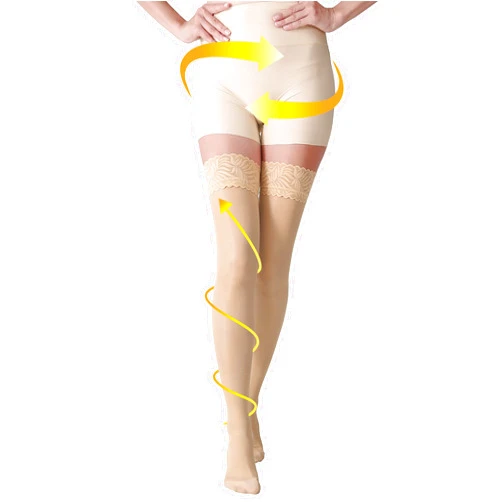 AMZAM Thigh High Sheer Compression Stockings for Women - 15-20 mmHg Graduated Compression Socks - Closed Toe Thigh High Support Stockings with Lace Silicone Band - Work Travel Office, Beige X-Large
