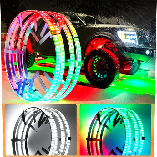Beatto Adjustable 14-18inch 2-Rows Adjustable Wheel Ring Lights, RGBW Wheel lights for Truck with Switch, LED Chases Dancing Color Rim Lights Fit for All Truck Pickup Car SUV Off-Road 4 wheels Vehicle