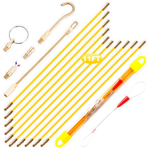 Boeray 11' Fiberglass Running Electrical Wire Cable Pulling Fish Tape Kit with 5 Different Attachments and Fish Tape Tool in a Carrying Case