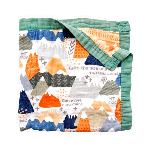 The Little Rose Shop Faith Moves Mountains Catholic Muslin Blanket | Luxury Double-Sided 2-Layer, 47