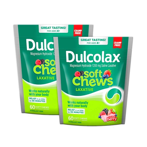 Dulcolax Soft Chews Saline Laxative Mixed Berry (60ct) Gentle Constipation Relief, Magnesium Hydroxide 1200mg (Pack of 2)