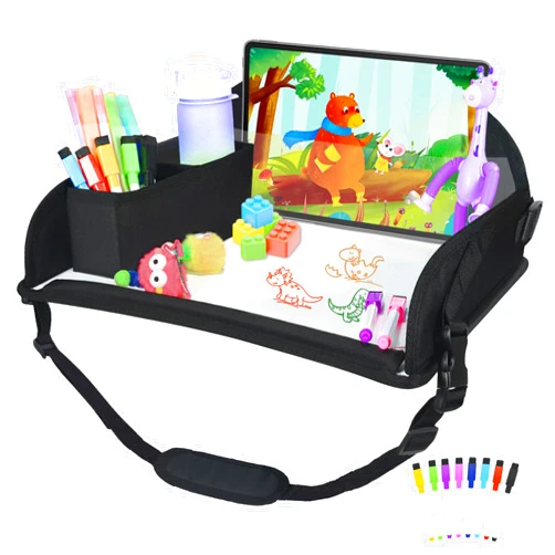 DxTing Upgraded Kids Travel Tray for Airplane - Toddler Car Seat Table Tray, Road Trip Essentials for Boys & Girls, Carseat Lap Desk for Kids Road Trip Activities, Black
