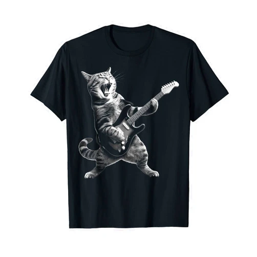 Funny Classic Rock Cat Gifts Cat Playing Guitar Rock and Roll Rock Star For Men Women Kid T-Shirt