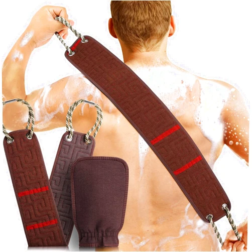 LECOMAY 𝟐𝟎𝟐𝟑 𝐔𝐩𝐠𝐫𝐚𝐝𝐞 Exfoliating Glove & Back Scrubber for Shower 𝟐 𝐢𝐧 𝟏 Set, 𝐄𝐧𝐡𝐚𝐧𝐜𝐞𝐝 𝐃𝐮𝐫𝐚𝐛𝐥𝐞 Exfoliating Body Scrubber, Dead Skin Remover for Body, Exfoliating Mitt Set, Brown