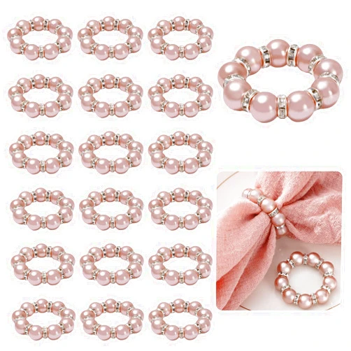 JarThenaAMCS 100Pcs Rose Gold Pearl Napkin Rings Stretched Pearl Beaded Napkin Holder Pearl Rhinestone Napkin Holder Buckles Dinner Table Ring for Wedding Birthday Valentine's Day, 1.6 Inch