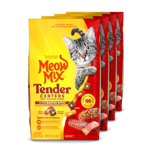 Meow Mix Tender Centers Basted Bites Dry Cat Food, Beef & Salmon Flavors, 3 Pound (Pack of 4), Crunchy Outside Meaty Inside