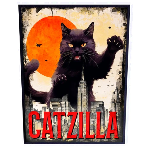 YELLOWBIRD ART & DESIGN Catzilla Black cat Wall Art - Cat Wall Art & Decor - Vintage Retro Cute Cat Stuff, Cat Mom, Cat Lover Gift - funny Cat Themed Gifts for Men, Women - Boys Room Decor - Cat Poster - Japanese Wall Art