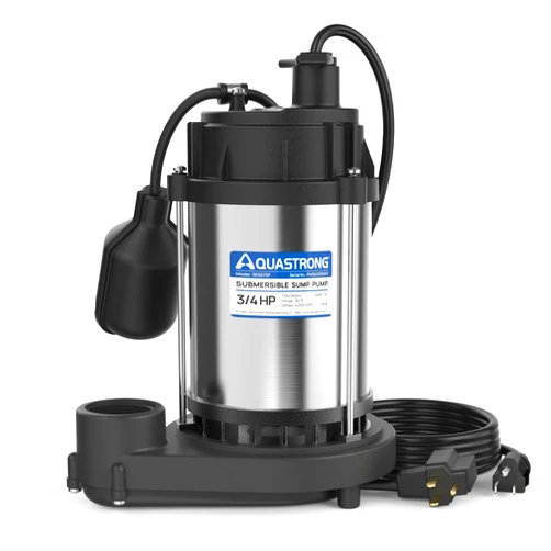 AQUASTRONG 3/4 HP Sump Pump, 4200 GPH Stainless Steel and Thermoplastic Submersible Water Pump, Automatic Float Switch with Piggy-back Plug,1-1/2