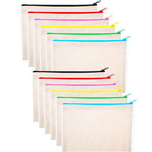 Gejoy 12 Pieces Multipurpose Canvas Cosmetic Bag Makeup Pouches with Zipper Canvas Bag Blank Makeup Bag Pouch Travel Toiletry Bag for Women DIY