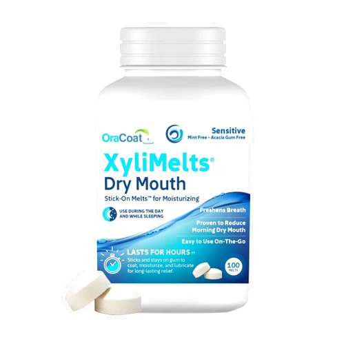 OraCoat XyliMelts® Dry Mouth Relief Oral Adhering Discs, Sensitive with Xylitol, For Dry Mouth, Stimulates Saliva, Non-Acidic, Day and Night Use, Time Release for up to 8 Hours, 100 Count