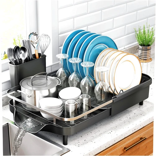 SNTD Dish Drying Rack, Expandable Dish Rack for Kitchen Counter, Stainless Steel Dish Drainer with Drainboard Set and Utensil Holder (Black)