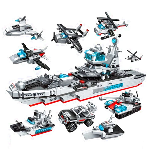 ENHANA 700 PCS Aircraft Carrier Building Blocks Set,8 in 1 Military Battleship Building Toy,17 Styles Army Vehicles Helicopter Airplane Warship Birthday Gifts for Boys