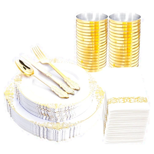 NHARO 350 Pieces Gold Plastic Dinnerware Party Supplies,Disposable Gold Lace Plates,Gold Silverware Perfect for Wedding Graduation, Birthday, Cocktail Party