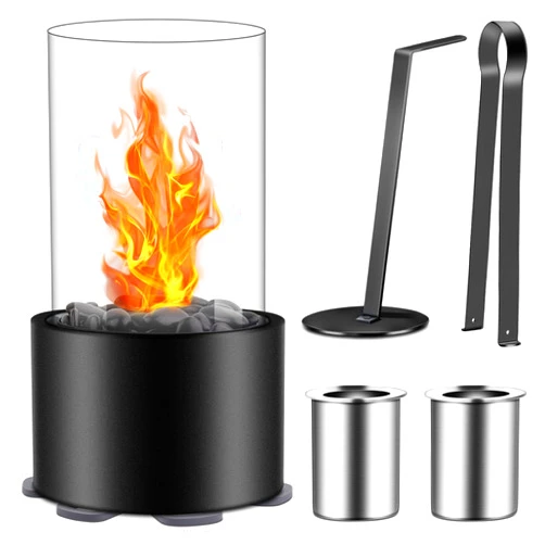 OUBRTS Small Tabletop Fire Pit Bowl with Black Stone & Wind Proof Glass, Portable Alcohol Tabletop Fireplace for Indoor & Outdoor, Fire Killer, 2 Combustion Chambers