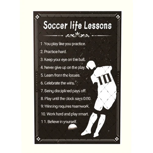EMOHAT Soccer Life Lessons Metal Tin Sign Soccer Sport Inspirational Wall Art Retro Decorations Wall Decor Metal Kind Posters Art Posters Motivational Quotes for Soccer Lovers 12x8 Inches