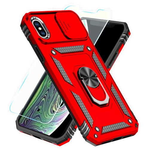 SunStory Compatible with iPhone X/XS Case with HD Screen Protector & Slide Camera Cover & Rotated Ring Kickstand, [Military-Grade] Phone Case iPhone X/XS (Red)