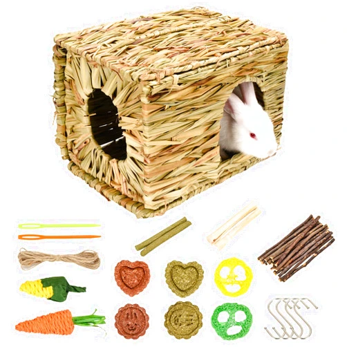 S SANGLE SOPFFY Grass House for Rabbits of Sangle Sopffy,Hand Woven Straw Hut,Rabbit Hideout,Natural Grass Hideaway for Bunny Guinea Pig Chinchilla Ferret Hamster Squirrel with Rabbit Chew Toys