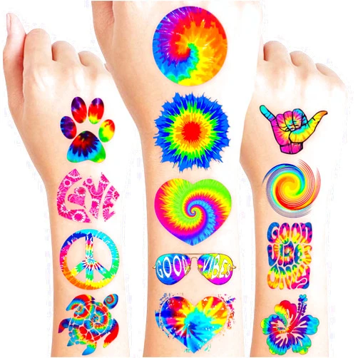Frawharmone 60 PCS Tie Dye Pre-cut Temporary Tattoos for Kids - 90s 80s Retro Theme Party Favors, Colorful Stickers for Boys & Girls Birthday Decorations, 5 Sheets for School Prizes