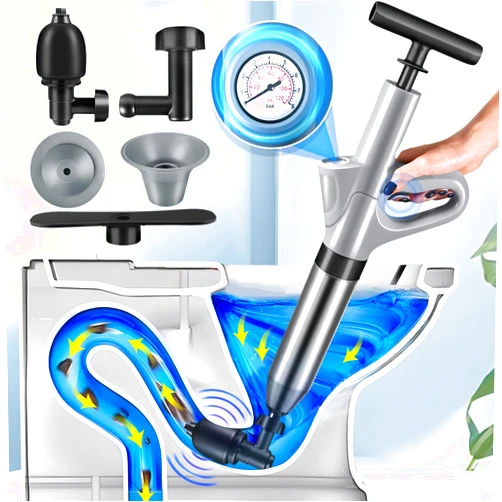 PatiBooo Stainless Steel Toilet Plunger, Air Drain Blaster, Drain Clog Remover Tool, High Pressure Drain Blaster Gun with Visual Barometer, Suitable for Sink, Bathroom, Kitchen, Toilet, Shower, Clogged Pipe