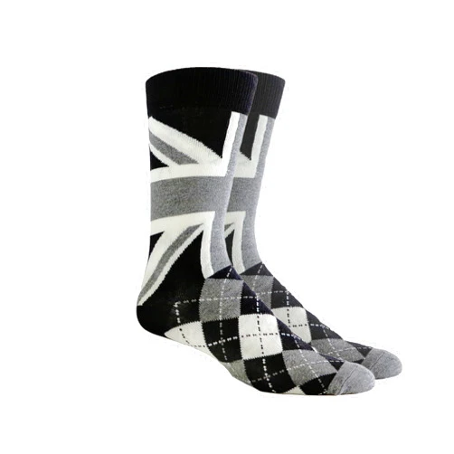 vangobeauty British Flag Argyle Men Socks Classic Black Grey White - Fit size 7-12 Made In USA