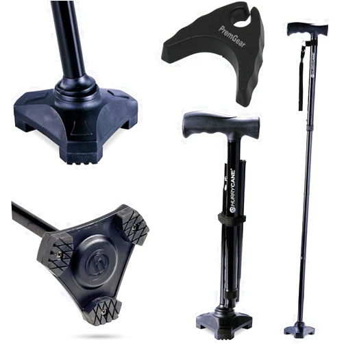 HurryCane-PremGear HurryCane Freedom Edition Foldable with T Handle Walking Cane for Men & Woman (Black) Bundle with PremGear Cane Holder, Compatible with HurryCane