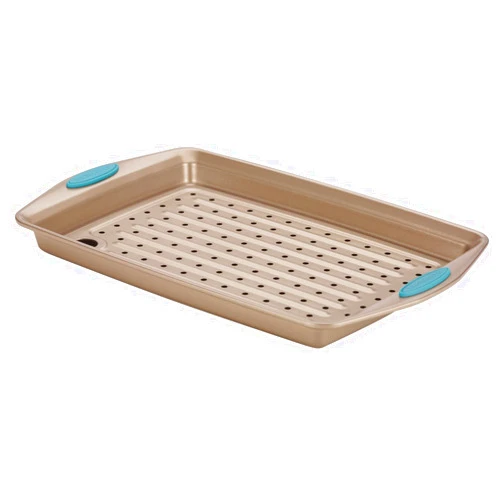 Rachael Ray Cucina Nonstick Bakeware Set with Grips, Nonstick Cookie Sheet / Baking Sheet and Crisper Pan - 2 Piece, Latte Brown with Agave Blue Handle Grips