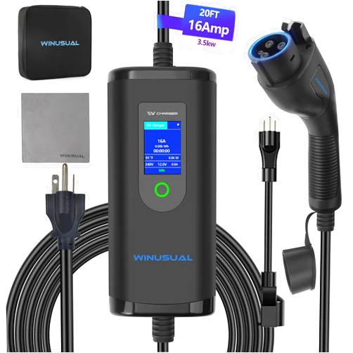 WINUSUAL Portable Level 1 & 2 EV Charger,16A 110-240V with Fix Time Charge, 20FT Cable, NEMA 6-20 Plug and NEMA 5-15 Adapter, SAE J1772 EV Electric car Charger, Current Adjustable(NOT for Tesla)