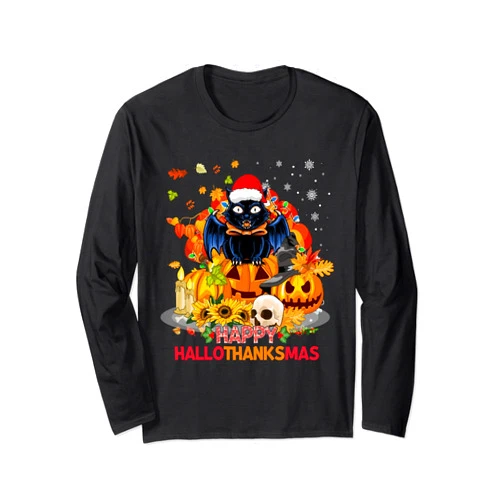 Happy Hallothanksmas Cats Tees Men Women Funny Cat Happy Hallothanksmas Halloween Thanksgiving Xmas Long Sleeve T-Shirt