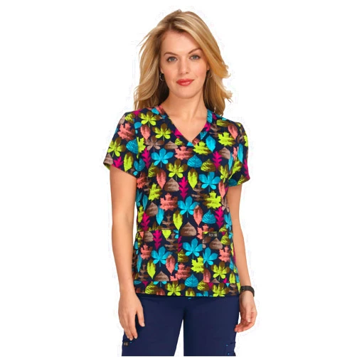 KOI Basics Leslie Women's 2-Pocket Stretch Print Top Autumn Leaves M