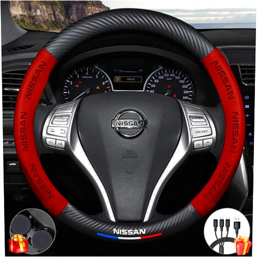 Generic Customized Steering Wheel Cover Compatible with Nissan, New Premium Nappa Leather&Carbon Style Car Steering Wheel Protector, with 2 Coasters and USB Fast Charging Cable (Red)