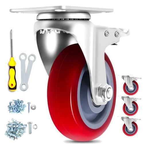 AKOSONE 5 Inch Caster Wheels, Casters Set of 4 Heavy Duty casters with Brake, Industrial Swivel Casters Noise-Free, Safety Dual Locking Casters, Castor Wheels for Carts Heavy Duty (Red)
