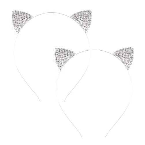CBLUO 2 Pcs Cat Ears Headband Halloween Rhinestone Kitty Hair Hoops Crystal Cat Kitten Ears Headpiece Hairband Hair Bands Women Christmas Party Decoration Cosplay Costume Handmade Cute Hair Accessories