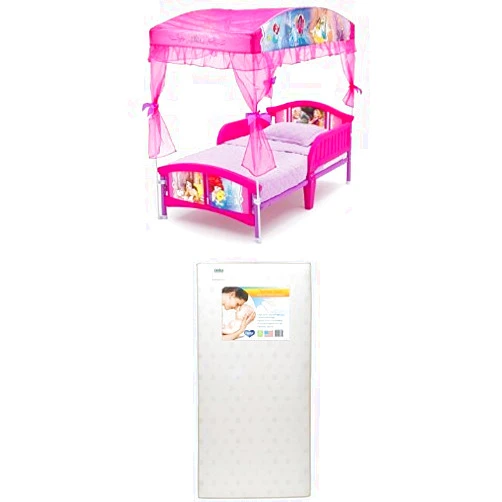 Delta Children Canopy Toddler Bed, Disney Princess with Twinkle Stars Crib & Toddler Mattress Bed with Mattress Disney Princess