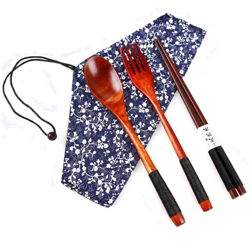 Yinuoday Wooden Chopsticks Spoon Fork Set Japanese Style Tableware Travel Utensils with Pouch for Camping,Picnic,Office or Home (Style A)