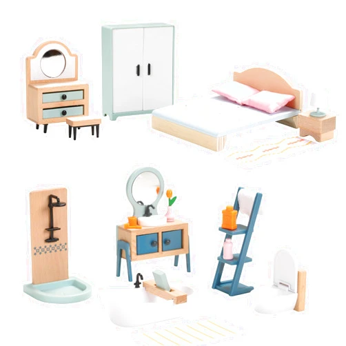 Giant bean 24 PCS Wooden and Plastic Dollhouse Furniture Set, Bathroom and Bedroom Set, Wooden Dollhouse Accessories Pretend Play Furniture Toys for Boys Girls & Toddlers