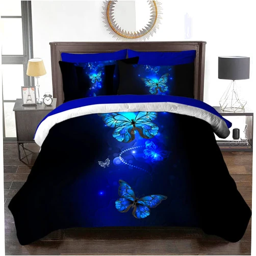 BlessLiving Blue Butterfly Bed in A Bag Comforter with Complete Sheet Set - Neon Butterfly Black Bedding for Teens Girls, 8 Piece, Comforter, Sheets, Pillowcases, Shams & Cushion Cover, Full Size