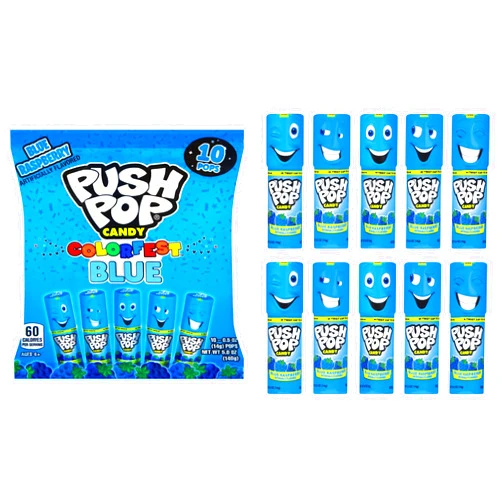Push Pop Blue Colorfest - Blue Raspberry Lollipops Bulk Candy - 10 Count Individually Wrapped Fruity Lollipops - Fun Candy for Birthdays, Party Favors, Baby Showers, Gift Baskets, and Candy Buffets