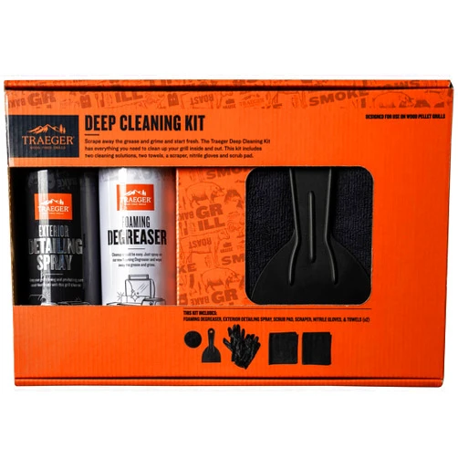Traeger Grills Deep Cleaning Kit - Exterior Detailing Spray (16oz), Foaming Degreaser (16oz), Grill Scraper & Pad, Microfiber Towels, Nitrile Gloves - Tools for cleaning Grill, Smoker, Oven, Griddle