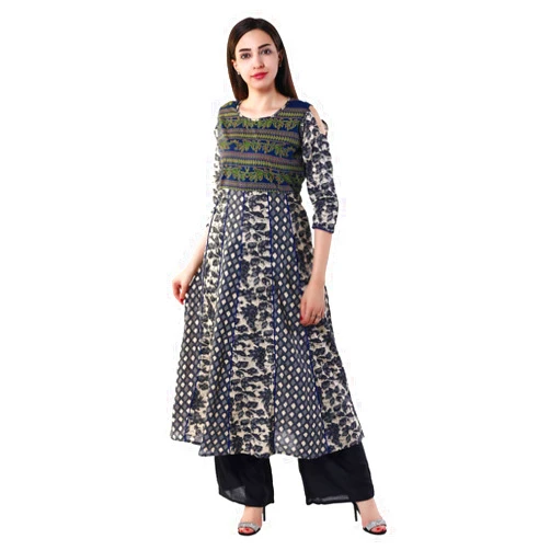 Vi VIHAAN IMPEX Cotton Printed Kurti Floral Print, 3/4 Sleeves, Below Knee Length, Lightweight, Machine Washable Navy/Beige