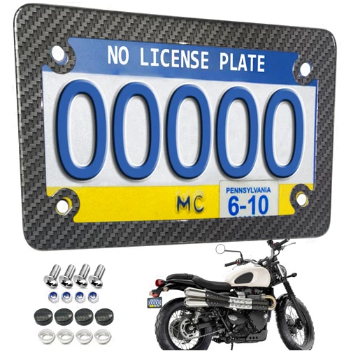ZXFOOG Motorcycle License Plate Frame Carbon Fiber, Stainless Steel Tag Holder Bracket with Screws Nuts Caps, 1 Pack for Moto Moped Motorbike Scooter Bike(Carbon Pattern)