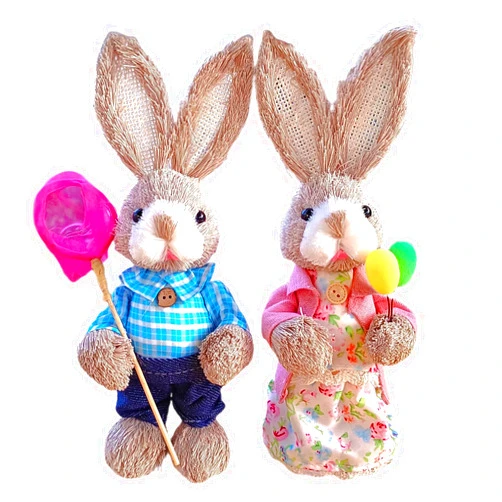 BestAlice 2 PCS Easter Straw Bunny Figurine, Standing Rabbits Statue, Holding Basket Hand Woven Straw Artificial Animal for Spring Garden Decor, Emulation Animal Desktop Ornament