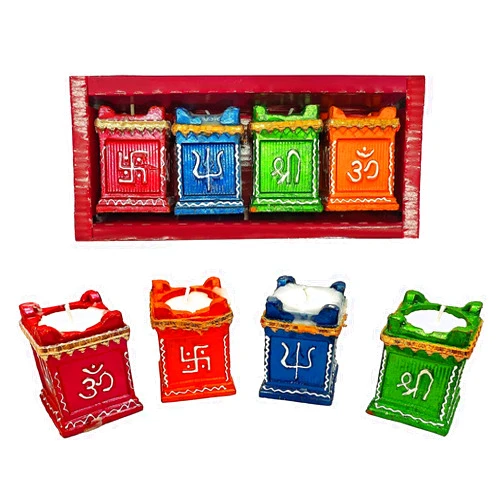Craftsman Genieland 4 Pc Set Tulsi Clay Diya Diwali Dia with Filled Wax Wicks for Puja Pooja Traditional Decorative Handmade Colored Terracotta Earthen Vilakku Oil Lamp Diyas Natural Mitti Deepawali Items
