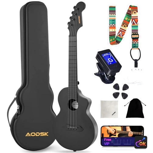AODSK Concert Ukulele for Adult Kids Beginners Kit,23 inch Carbon Fiber Travel Ukulele with Beginner Kit with Case,Pick,Strap,Strings.Ukulele Lessons（Black Blue Pink Orange White Randomly Shipped）