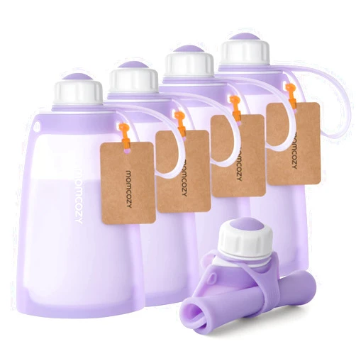 Momcozy No Leak Momcozy Silicone Breastmilk Storage Bags, Reusable Breastmilk Freezer Storing Bags for Breastfeeding, 8.5oz/250ml Breast Milk Saver, Leakproof Baby Food Pouches, BPA Free (Light Purple,5pcs)