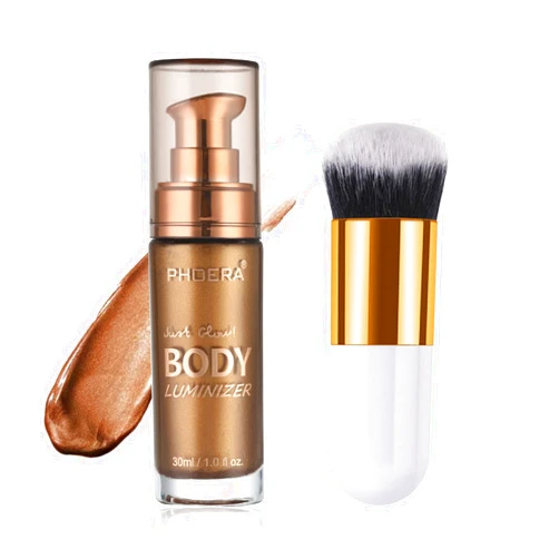 Lezero Body Shimmer Oil, Waterproof Long Lasting Moisturizing Body Luminizer Glow For Face , Liquid Illuminator Highlighter 1oz/Jars, Makeup Brush Include (Glistening Bronze #03)