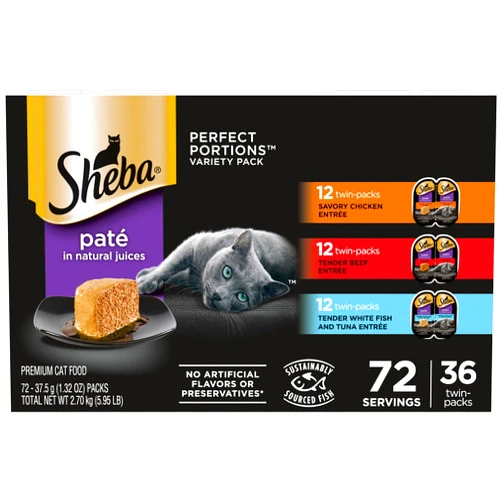 SHEBA PERFECT PORTIONS Paté Wet Cat Food Trays (36 Count, 72 Servings), Savory Chicken, Tender Beef, Tender Whitefish & Tuna Entrée, Easy Peel Twin-Pack Trays