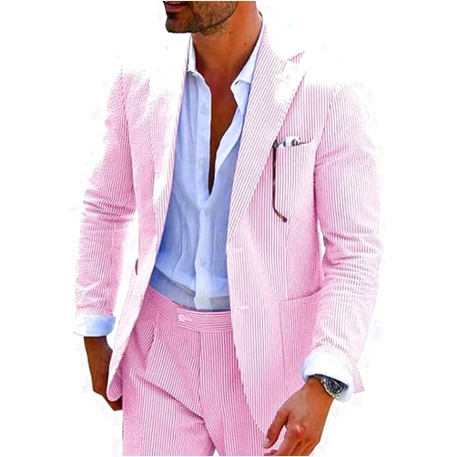 LYOUCI Men's 2 Piece Seersucker Suits Lightweight Breathable Striped Blazer Pants Beach Wedding Casual Striped Blazer Pants