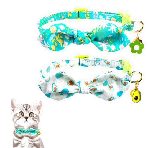 KOOLTAIL Breakaway Cat Collar with Removable Bow Tie and Bell, 2 Pack Fruit Fancy Charm Pendant Safety Buckle Kitten Collars, Adjustable Soft Pet Collars for Kitty Boys Girls Cats Avocado&Flower Green