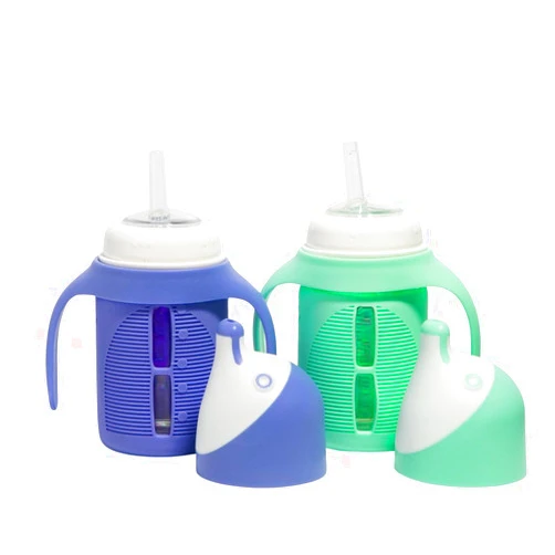 Tabor Place The Minis - Set of 2 - Glass Sippy Cup for Toddlers - 5oz | Spill-Proof | Silicone Straw | Mint Green & Indigo Purple | Liquids Never Touch Plastic