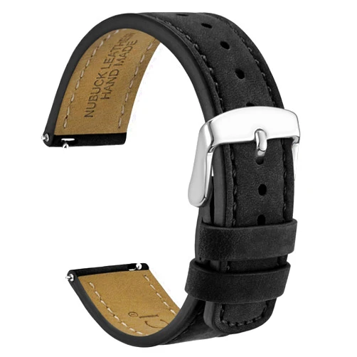 WOCCI 19mm Retro Leather Watch Band for Men and Women, Quick Release Replacement Strap with Silver Buckle (Black)